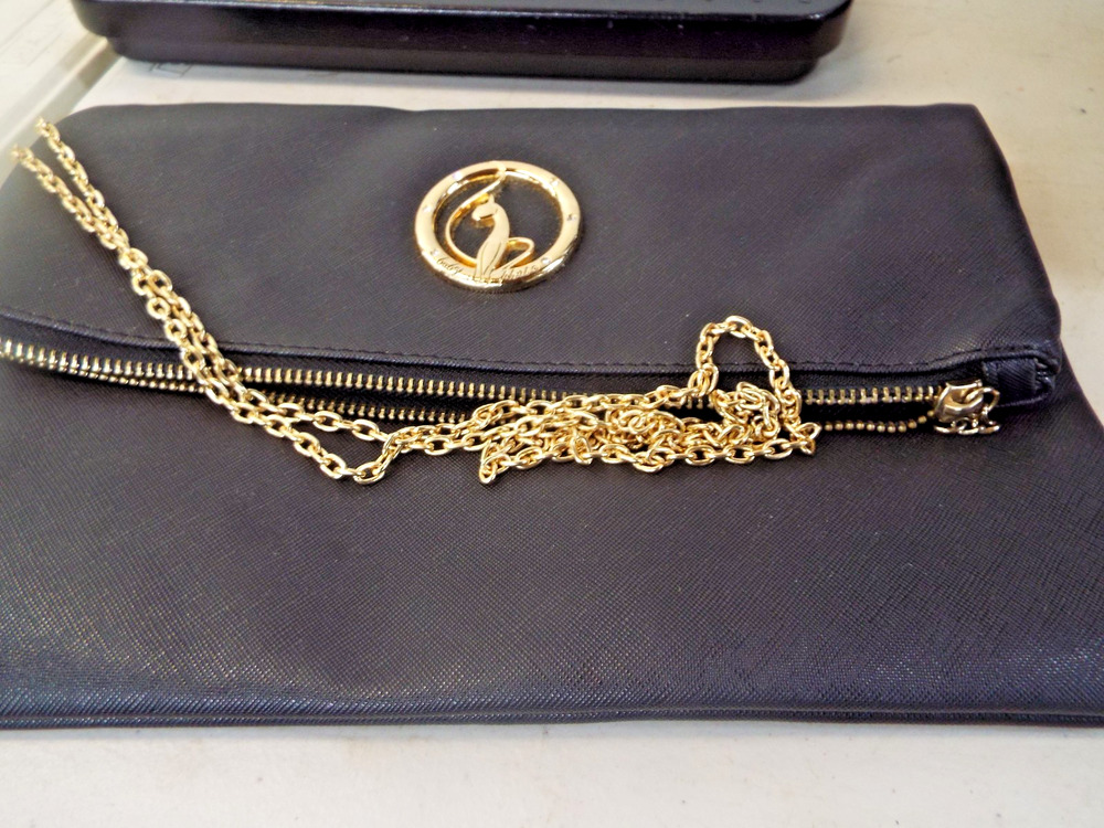 Baby Phat Foldover Clutch Purse Black Gold Chain Cat Logo 8" x 11.5" Tagged